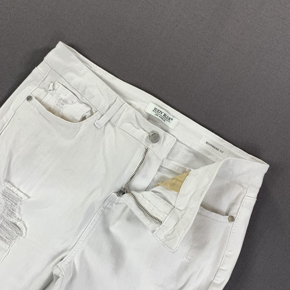 Judy Blue Jeans Womens 9/29‎ White Distressed Boyfriend Mid Rise Raw Hem Stretch